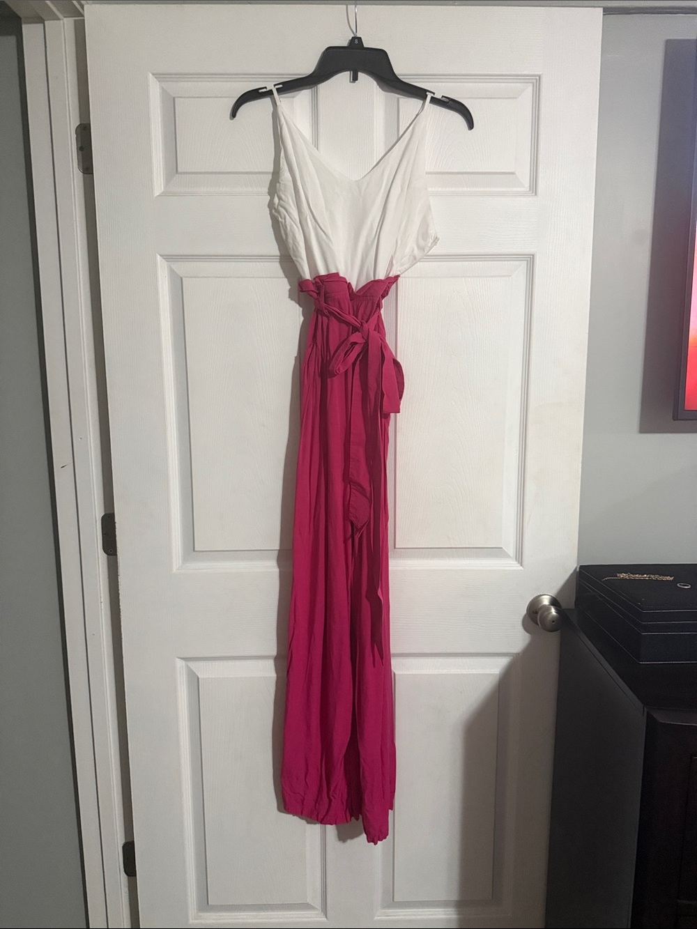White & Fuchsia Sleeveless Jumpsuit with Waist Tie